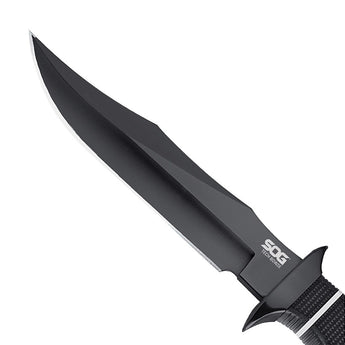 SOG Tech Bowie Fixed Black Knife - 6.4-inch Straight Edge, Clip Point - Black TiNi - Black Handle - Boxed (S10B-K)