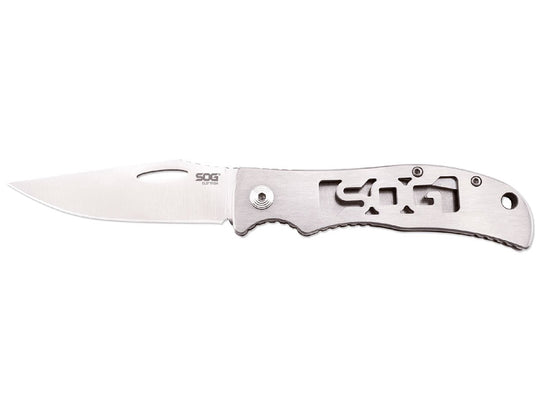SOG SlipTron Folding Knife - 3-inch Straight Edge, Clip Point - Satin Finish - Silver Handle - Clam Pack (STR01-CP)