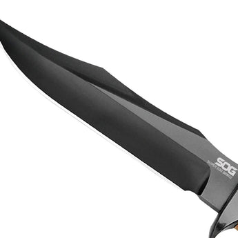 SOG Super SOG Bowie Fixed Blade Knife - 7.5-inch Straight Edge, Clip Point - Hardcased Black TiNi - Brown Handle - Boxed (SB1T-L)