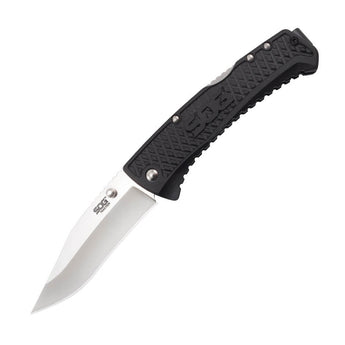 SOG Traction Folding Knife - 3.5-inch Straight Edge, Clip Point - Satin Finish - Black Handle - Clam Pack (TD1011-CP)