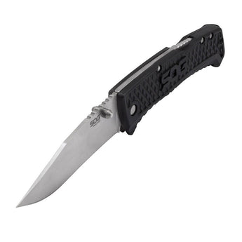 SOG Traction Folding Knife - 3.5-inch Straight Edge, Clip Point - Satin Finish - Black Handle - Clam Pack (TD1011-CP)