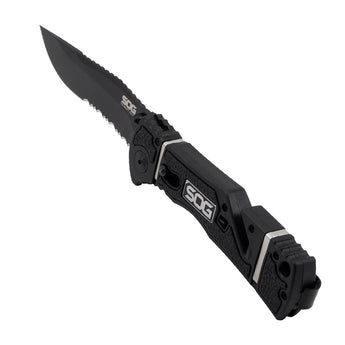 SOG Trident Elite Folding Knife - 3.7-inch Partially Serrated, Clip Point - Black TiNi - Black Handle - Boxed (TF106-BX)