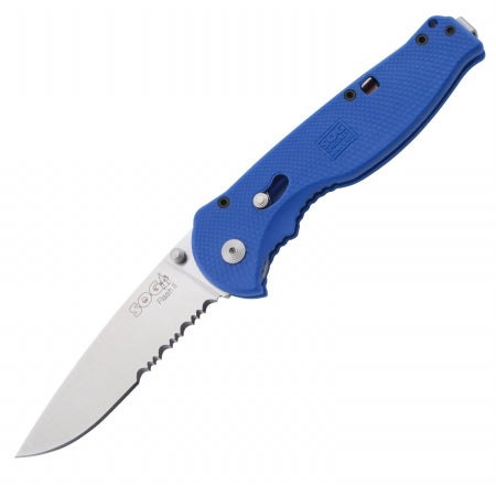 SOG Flash II Folding Knife - Partially Serrated, Satin, Blue Handle - Clam Pack (BFSA98-CP)