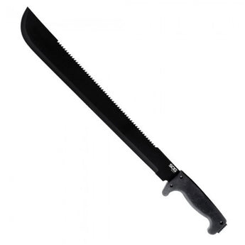 SOG SOGFari 18-inch Machete - Saw / Straight Edge - Black Powder Coated Finish - Black Handle - Nylon Sheath - Clam Pack (MC02-N)