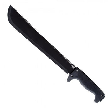 SOG SOGFari 13-inch Machete - Saw / Straight Edge - Black Powder Coated Finish - Black Handle - Nylon Sheath - Clam Pack (MC01-N)