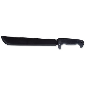 SOG SOGFari 13-inch Machete - Saw / Straight Edge - Black Powder Coated Finish - Black Handle - Nylon Sheath - Clam Pack (MC01-N)