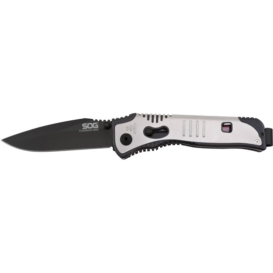 SOG Flashback Mini Folding Knife - 3-inch Straight Edge, Drop Point - Black TiNi - Silver Handle - Boxed (SAT102-BX)