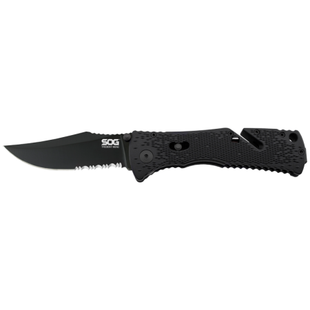 SOG Trident Mini Folding Knife - 3.15 Inch Partially Serrated - Clip Point - Peg Box - Black TiNi - Black