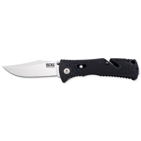 SOG Trident Mini Folding Knife - 3.15-inch Straight Edge, Clip Point - Satin Finish - Black Handle - Clam Pack (TF22-CP)