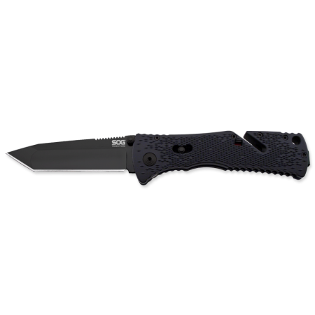 SOG Trident Mini Folding Knife - 3.15-inch Straight Edge, Tanto - Black TiNi (TF27) or Satin (TF26) Finish - Black Handle