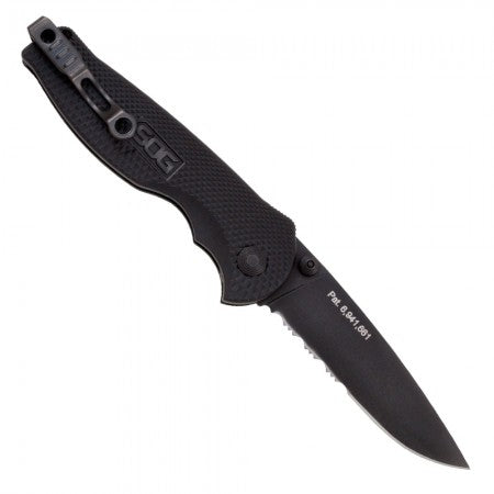 SOG Trident Folding Knife - 3.75-inch Partially Serrated, Drop Point - Black TiNi - Black Handle - Clam Pack (TFSA97-CP)