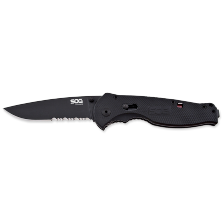 SOG Flash II Folding Knife - 3.5-inch Partially Serrated, Drop Point, Black TiNi - Black Handle