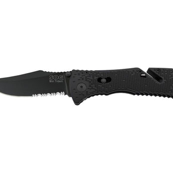 SOG Trident Mini Folding Knife - 3.15-inch Partially Serrated, Clip Point - Black TiNi - Black Handle - Boxed (TF-21)