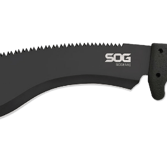 SOG SOGFari 12-inch Kukri Machete - Saw / Straight Edge, Drop Point - Hardcased Black Finish - Black Handle - Nylon Sheath - Clam Pack (MC11-N)