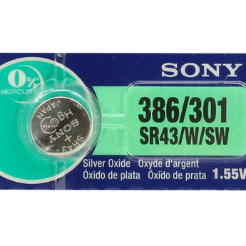 Sony/MuRata SR43W 386 120mAh 1.55V Silver Oxide Watch Battery - 1 Piece Tear Strip, Sold Individually