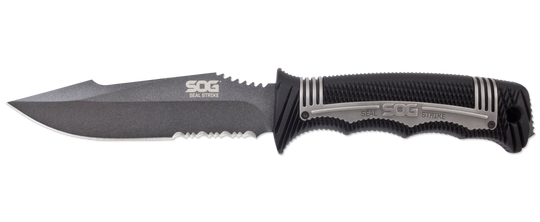 SOG SEAL Strike Fixed Blade Knife - 4.9-inch Partially Serrated, Clip Point - Powder Coated Grey Finish - Black Handle - Deluxe Sheath - Clam Pack (SS1002-CP)