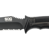 SOG SEAL Strike Fixed Blade Knife - 4.9-inch Partially Serrated, Clip Point - Black TiNi - Black Handle - Deluxe Sheath - Clam Pack (SS1003-CP)