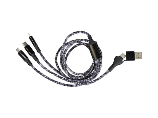 SZX 3-in-1 Universal Charging Cable - with Lightning, Micro-USB, and USB-C - flat top-down view