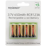 Tenergy 34153 RCR123A / 16340 650mAh 3.7V Lithium Ion (Li-ion) Rechargeable Button-Top Batteries for the Arlo Camera System - 4-Pack Retail Card