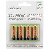 Tenergy 34153 RCR123A / 16340 650mAh 3.7V Lithium Ion (Li-ion) Rechargeable Button-Top Batteries for the Arlo Camera System - 4-Pack Retail Card