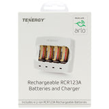 Tenergy 34154 Combo Kit for the Arlo Camera System - 4 x RCR123A / 16340 650mAh 3.7V Lithium Ion (Li-ion) Rechargeable Button-Top Batteries and 1 x 4-Bay Charger