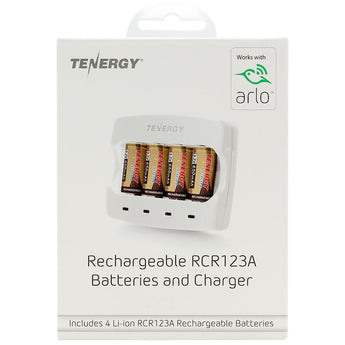 Tenergy 34154 Combo Kit for the Arlo Camera System - 4 x RCR123A / 16340 650mAh 3.7V Lithium Ion (Li-ion) Rechargeable Button-Top Batteries and 1 x 4-Bay Charger
