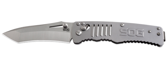 SOG Targa Folding Knife - 3.5-inch Straight Edge, Tanto - Satin Finish - Silver Handle - Boxed (TG1001-BX)