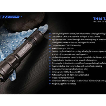 Jetbeam TH16-TAC USB-C Rechargeable LED Flashlight - CREE XHP35 HD - 2000 Lumens - Includes 1 x 18650
