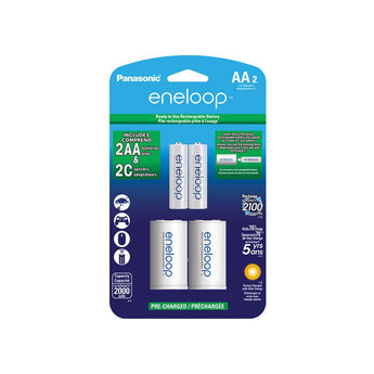 Panasonic Eneloop K-KJS2MCA-2BA AA 2000mAh 1.2V Low Self Discharge Nickel Metal Hydride (NiMH) Button Top Batteries with C Cell Spacers - 2 Pack Retail Card