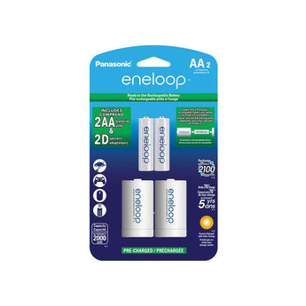 Panasonic Eneloop K-KJS1MCA-2BA AA 2000mAh 1.2V Low Self Discharge Nickel Metal Hydride (NiMH) Button Top Batteries with D Cell Spacers - 2 Pack Retail Card