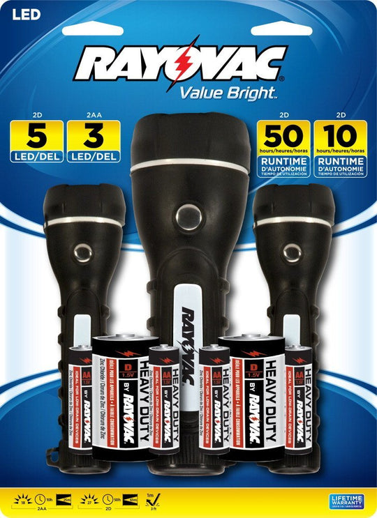Rayovac Value Bright 2D and Two 2AA LED Rubberized Flashlights Combo Pack - Includes Batteries