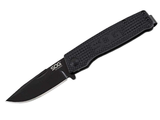 SOG Terminus Folding Knife - 3 Inch Straight Edge - Clip Point- Box - Hardcased Black - Black