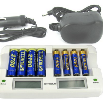 Titanium Innovations CH-8800 8-Bay Smart Fast Battery Charger with LCD Display - NiMH AA and AAAs - AC 100-240V + DC Adapters