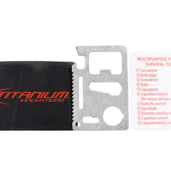 Titanium Innovations MT11 Survival Tool Card - 11 Tools in One - Black or Silver Stainless Steel