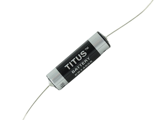 Titus ER14505-AX AA 2400mAh 3.6V Lithium Thionyl Chloride (LiSOCl2) Bobbin-Style Button Top Battery with Axial Leads - Bulk