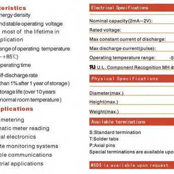 Titus ER26500M-AX C 6500mAh 3.6V Lithium Thionyl Chloride (LiSOCI2) Spiral Wound Button Top Battery with Axial Leads - Bulk