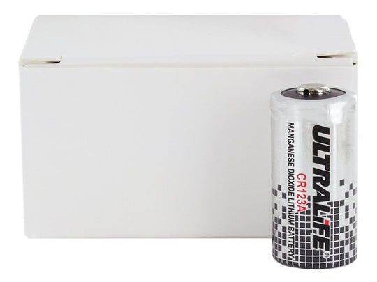 Ultralife CR123A Battery Sitting Infront of Box of 12