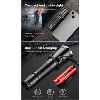 Klarus XT11GT Pro V2.0 USB-C Rechargeable Tactical LED Flashlight - Luminus SST-70 - 3300 Lumens - Uses 2 x CR123A or 1 x 18650 (Included) - Black or Wolf Grey
