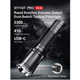 Klarus XT11GT Pro V2.0 USB-C Rechargeable Tactical LED Flashlight - Luminus SST-70 - 3300 Lumens - Uses 2 x CR123A or 1 x 18650 (Included) - Black or Wolf Grey