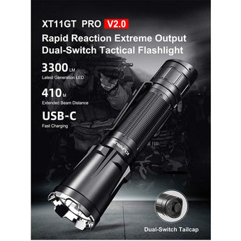 Klarus XT11GT Pro V2.0 USB-C Rechargeable Tactical LED Flashlight - Luminus SST-70 - 3300 Lumens - Uses 2 x CR123A or 1 x 18650 (Included) - Black or Wolf Grey