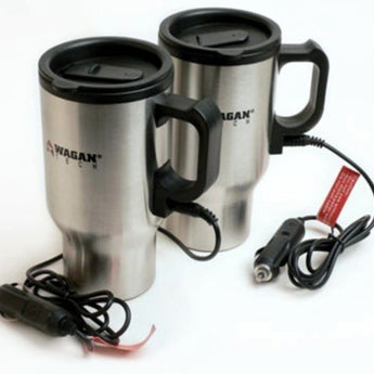 Wagan 2227-1 12V Ceramic Heated Travel Mugs - Pair - (Silver) in Color Box