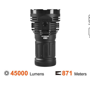 Acebeam X50 2.0 High Intensity USB-C Rechargeable Handheld Searchlight - 45000 Lumens - Uses Built-In 10.8V 4250mAh Li-ion Battery Pack - Cool or Neutral White LEDs