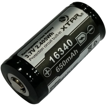 XTAR RCR123A / 16340 650mAh 3.6V Protected Lithium Ion (Li-ion) Button Top Battery - Boxed