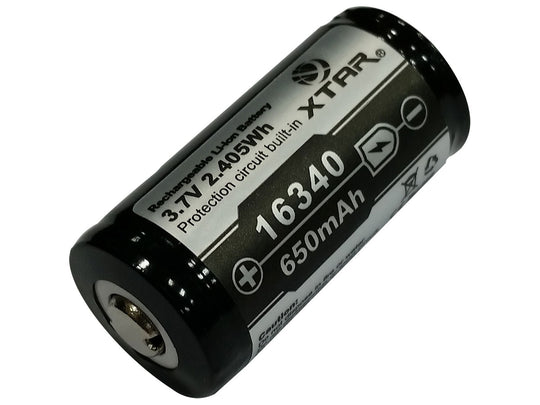 XTAR RCR123A / 16340 650mAh 3.6V Protected Lithium Ion (Li-ion) Button Top Battery - Boxed