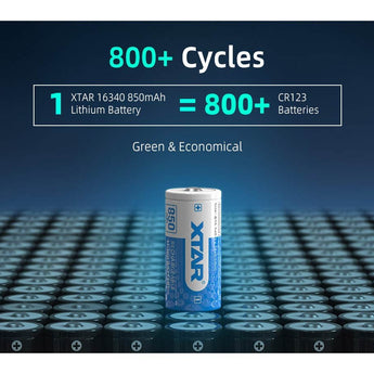 XTAR RCR123A / 16340 850mAh 3.6V Protected Lithium Ion (Li-ion) Button Top Battery - Boxed