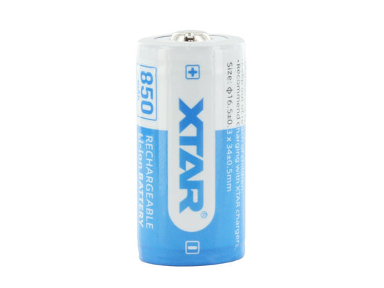 XTAR RCR123A / 16340 850mAh 3.6V Protected Lithium Ion (Li-ion) Button Top Battery - Boxed