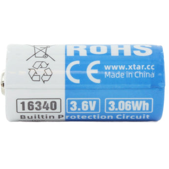XTAR RCR123A / 16340 850mAh 3.6V Protected Lithium Ion (Li-ion) Button Top Battery - Boxed