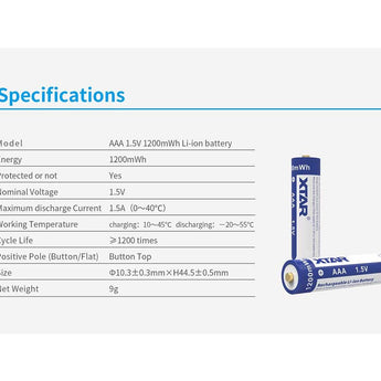 XTAR AAA 750mAh / 1200mWh 1.5V Rechargeable Protected Lithium-Ion Lithium Nickel Manganese Cobalt Oxide (LiNiCoMnO2) Button Top Battery - Bulk