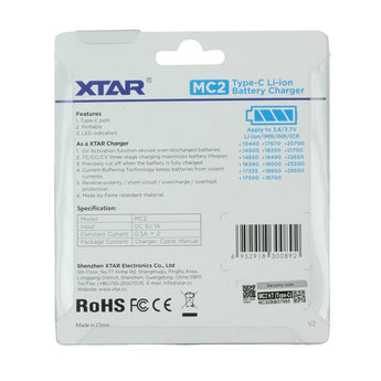 XTAR MC2 2-bay USB Portable Li-ion Battery Charger with Cable - Charges 18650, 18500, 14500, 16340, 26650