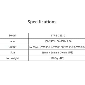 XTAR C451C 45W USB-C Wall Adapter 3A for US 120V - Cable not included